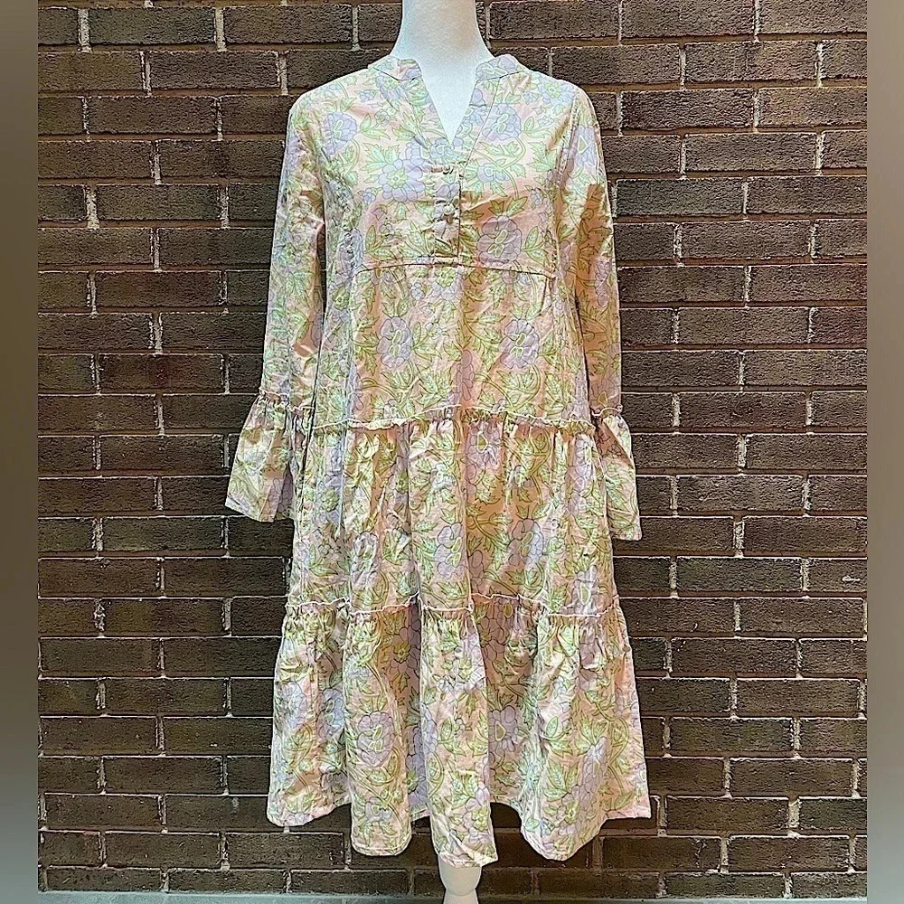 Floral Tiered Mini Dress - Pastel Pink & Green